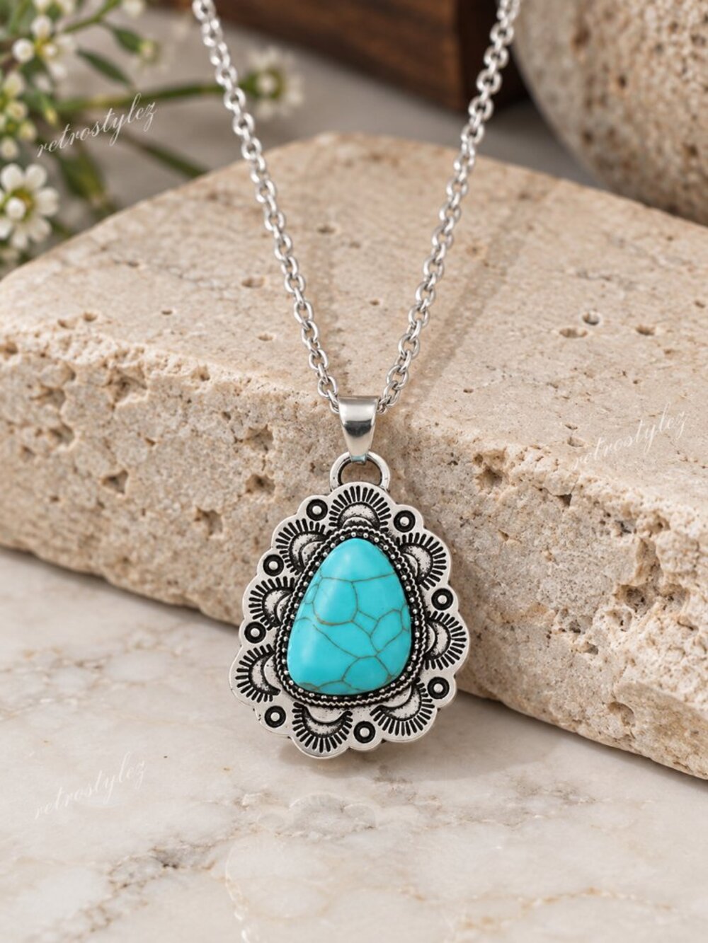 14K White Gold 20" Womens Turquoise Pendant Necklace Ladies 14 K Silver Jewelry